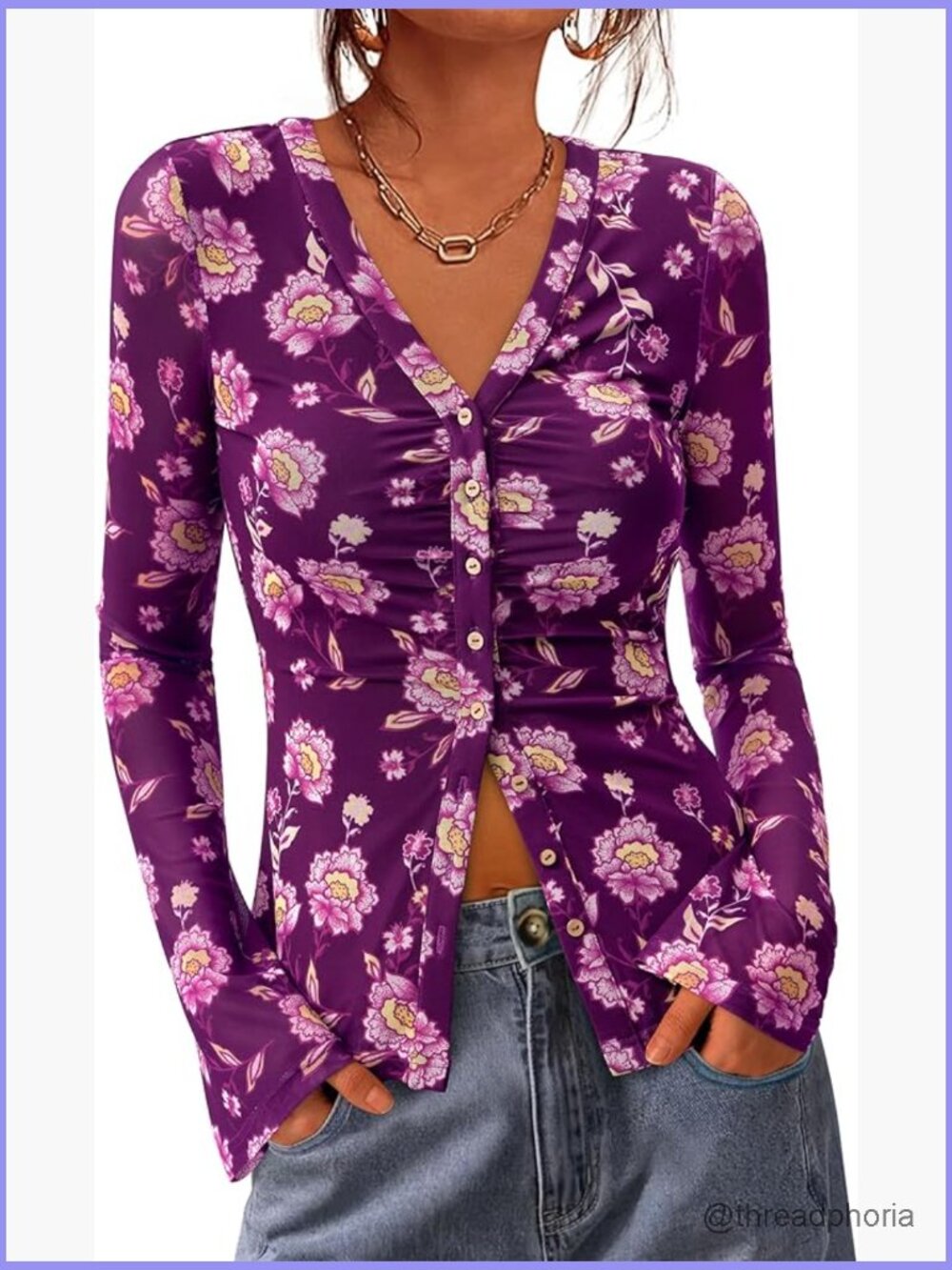 V-Neck Long Sleeve Floral Blouse Ruched Button Down Shirt Boho Top - Picture 1 of 7